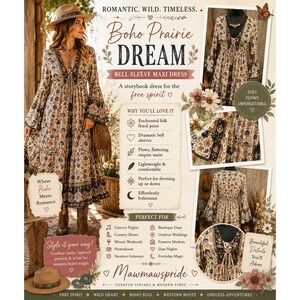 Boho Prairie Maxi Dress Bell Sleeve Y2K Cottagecore‎ Stevie Nicks Festival L